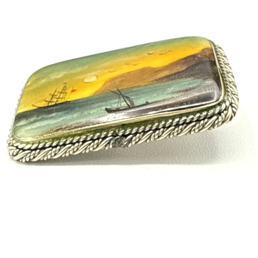 Vintage Brooch Fedoskino Hand Painted Mother of Pearl Coastal Ships Signed KM 98